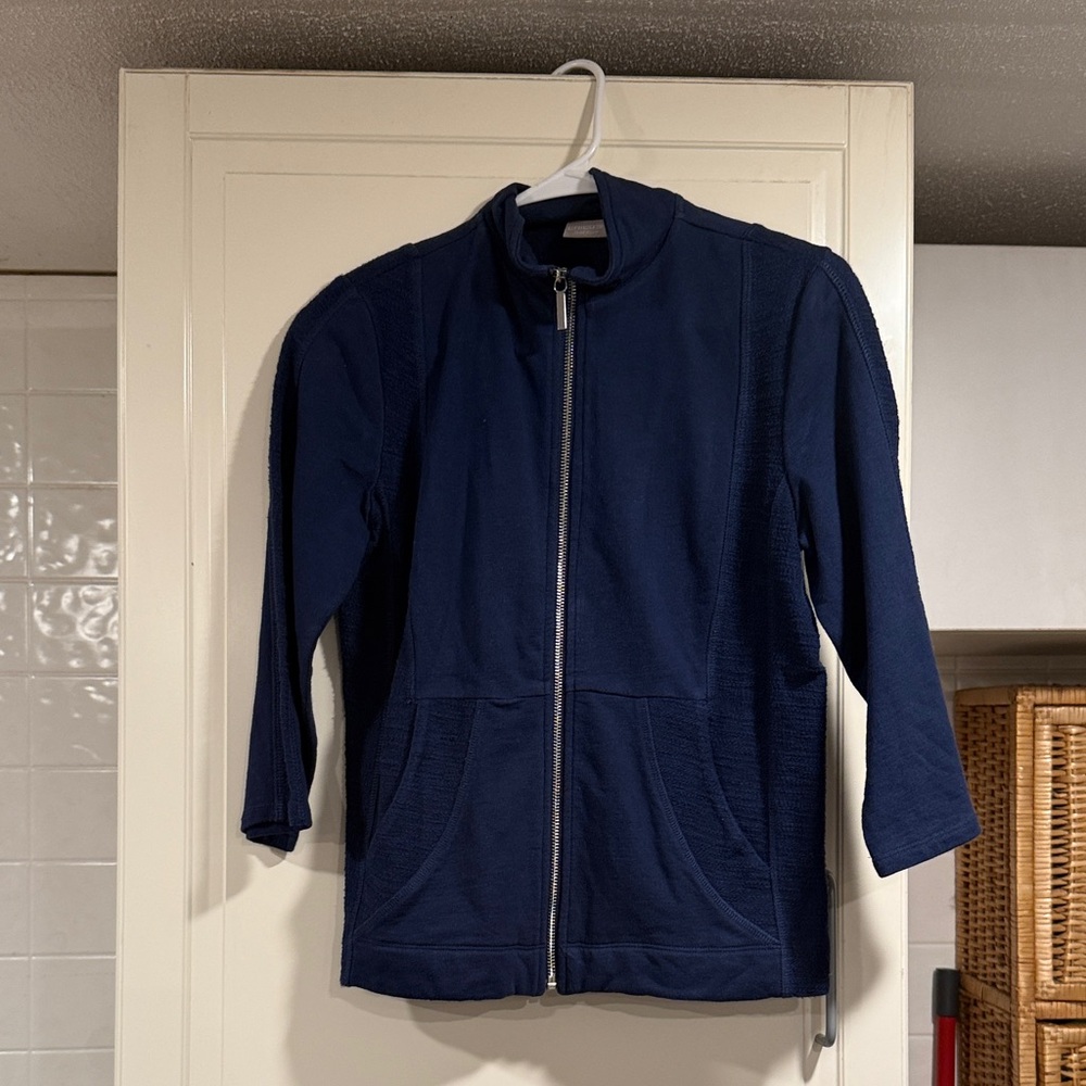 Chicos Navy Blue Zip-Up Jacket 3/4 sleeves size 4/6 petite 12:13🎶
